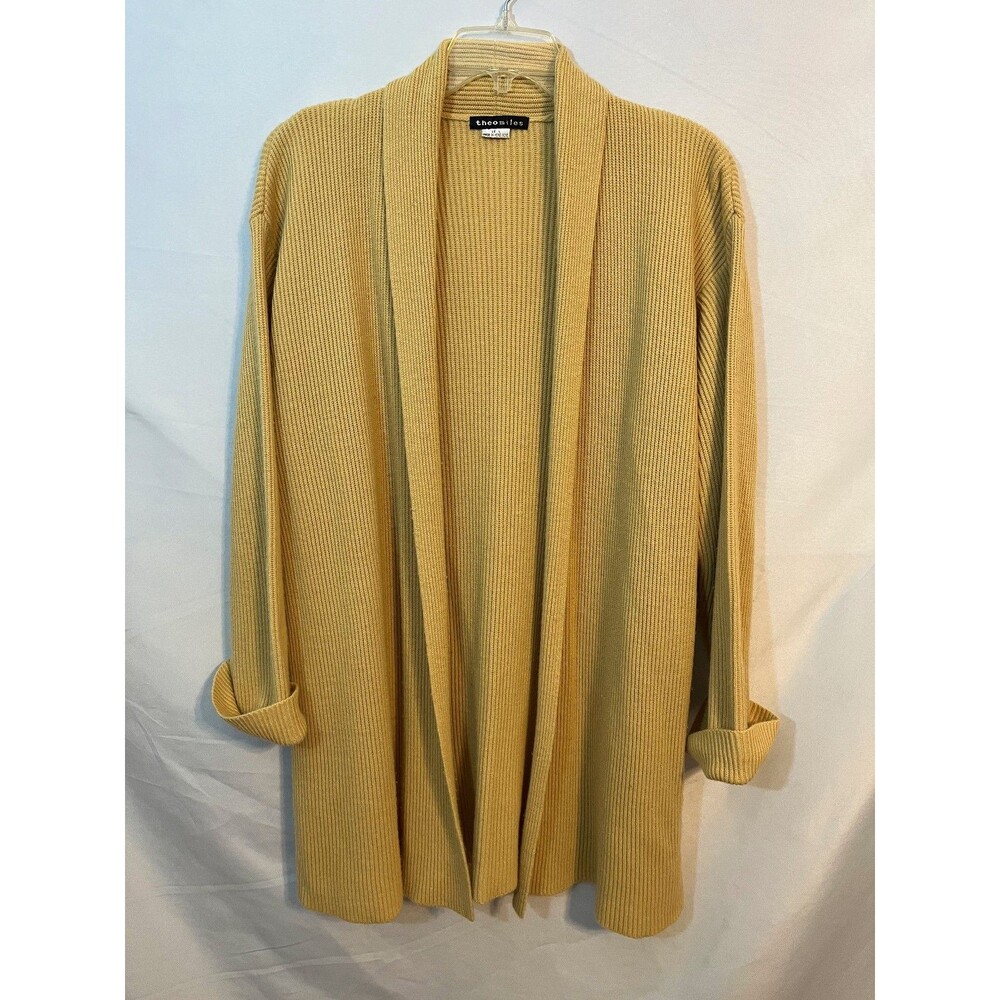 Theo Miles Ribbed Knit Open Front Pale Yellow Cardigan Sweater Size L